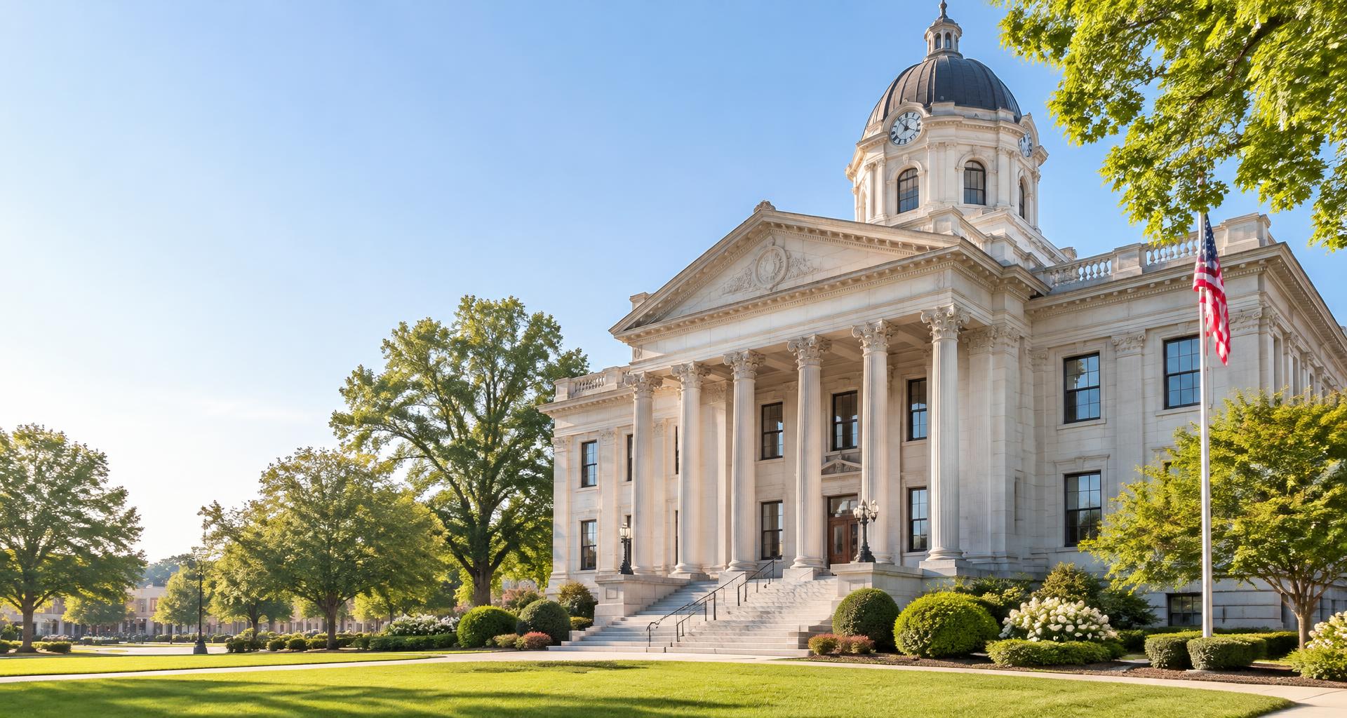 Sunlit courthouse architecture surrounded by green trees